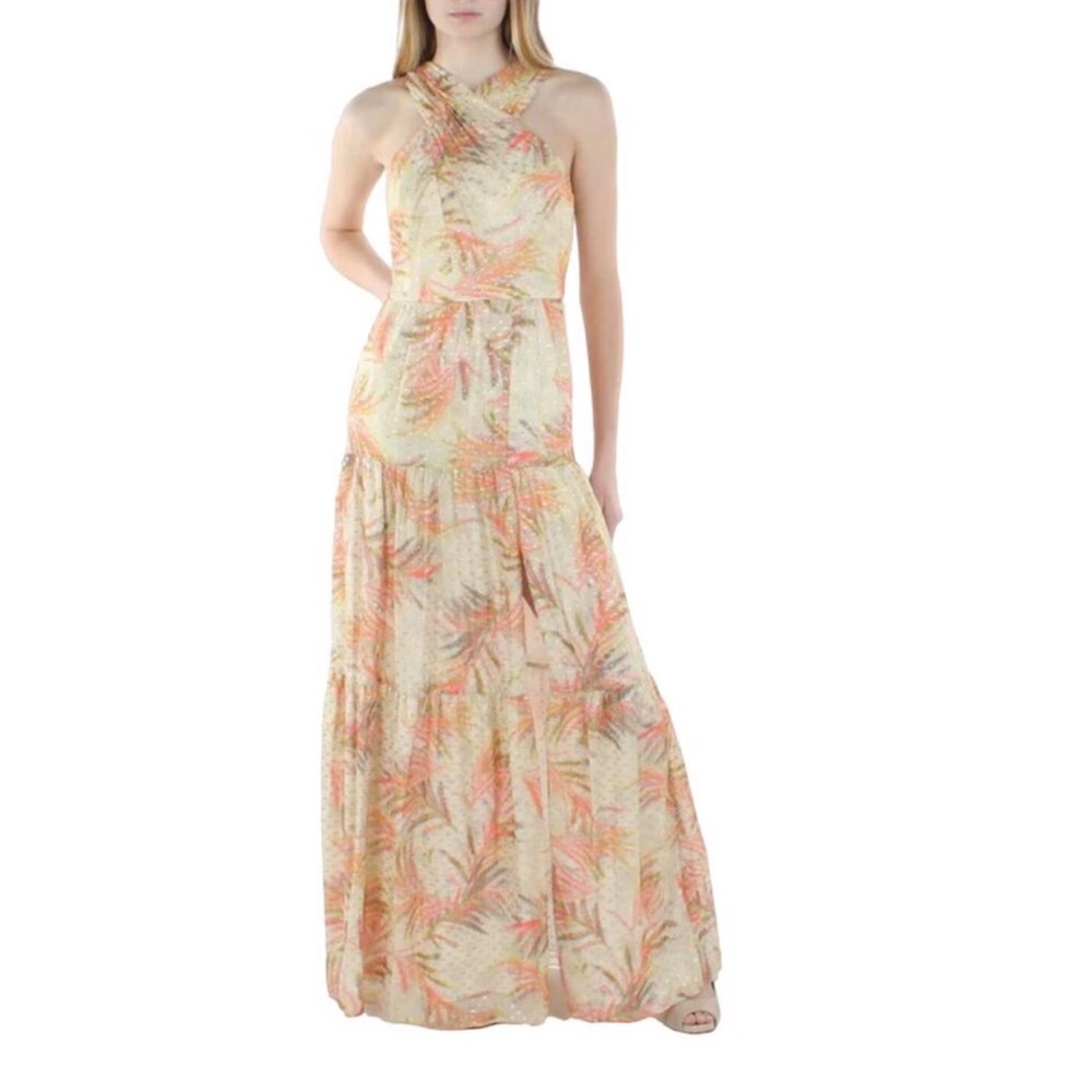 Elegant Aidan Mattox Halter Maxi Gown in Cream, Coral, Metallic Gold NWT Sz 6